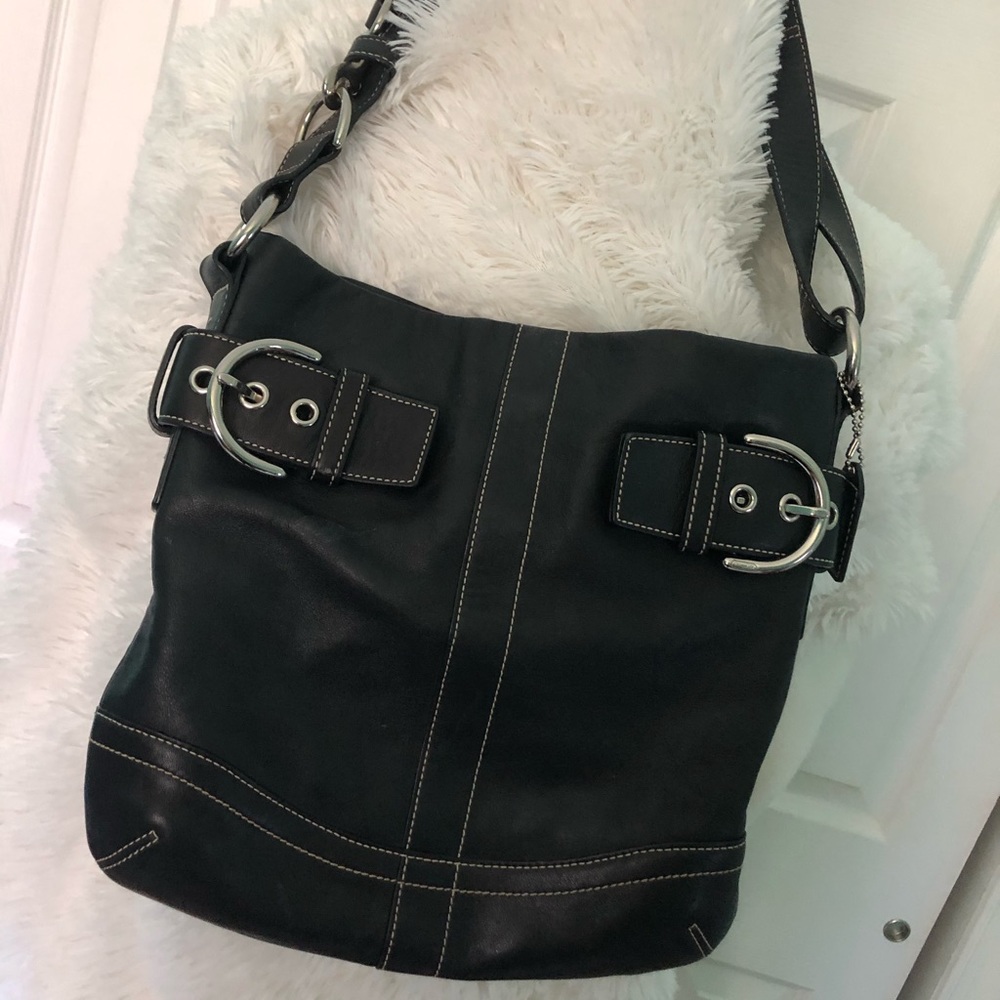 COACH vintage black leather bag side buckles